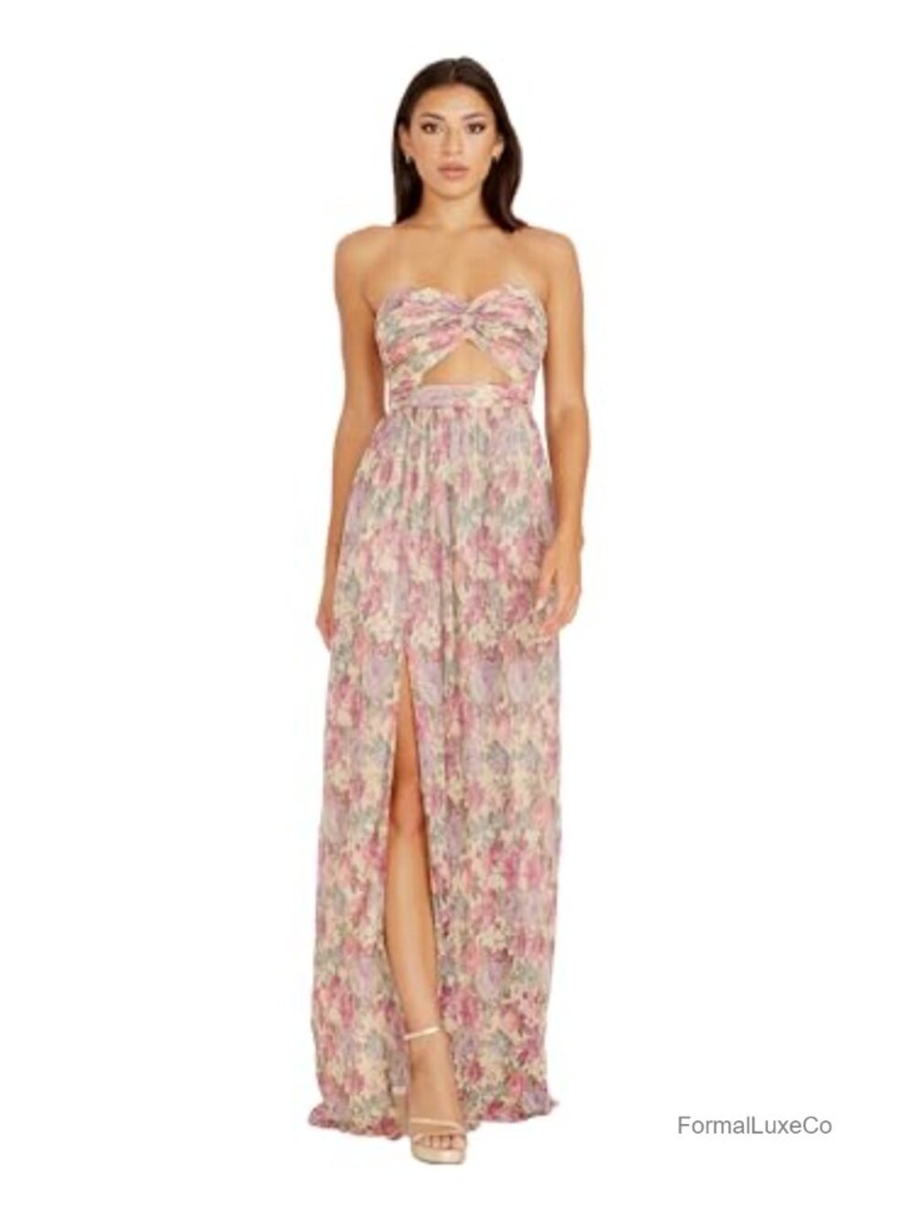 Fit and Flare Floor Length Formal Dress Pleated Jersey Front Cut Out